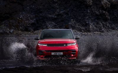 2023, Land Rover Range Rover Sport, 4k, front view, exterior, red new Range Rover Sport, mud driving, British cars, Land Rover