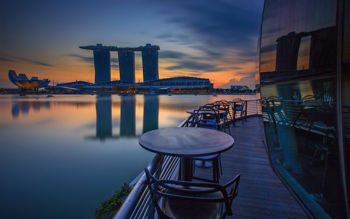 सिंगापुर, शाम, मरीना खाड़ी की रेत, सूर्यास्त, शाम को सिंगापुर, सिंगापुर सिटीस्केप, गगनचुंबी इमारतों, एशिया