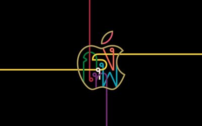 apple logo abstrait, 4k, créatif, fond noir, apple, le minimalisme, apple logo linéaire, œuvres d art