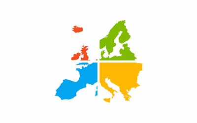 logo windows, sfondo bianco, mappa europa, emblema di windows, windows europa, arte creativa, windows