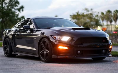 Ford Mustang GT, coupe, supercars, headlights, black mustang