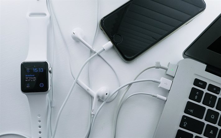 apple-geräte, macbook, iphone, kopfhörer, kabel, iwatch, moderne geräte, hintergrund mit geräten