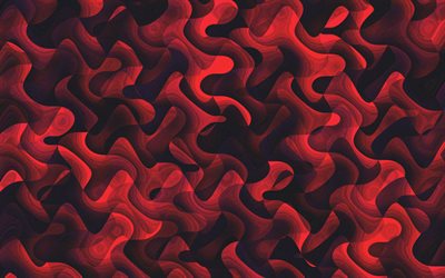 赤い波状の背景, 4k, 抽象的なテクスチャ, クリエイティブ, 抽象的な波, 赤い波, 波の背景