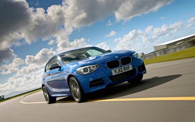 BMW M135i 3-door, 4k, highway, 2014 cars, UK-spec, F21, Blue BMW M135i, 2014 BMW M135i, BMW F21, german cars, BMW
