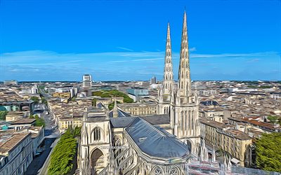 Bordeaux, 4k, vector art, skyline cityscapes, french cities, abstract cityscapes, France, Bordeaux Cathedral, Europe, creative, Bordeaux cityscape, Bordeaux France