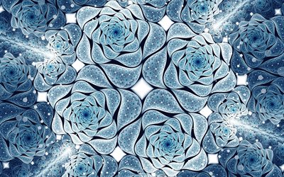 rosas abstractas azules, arte 3d, creativo, fondos azules, arte fractal, fondos abstractos, arte abstracto, patrón de fractales florales, fractales