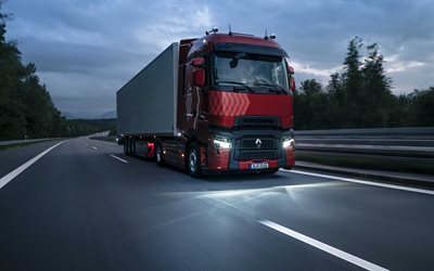 2022, renault trucks t, 4k, vista frontale, esterno, rosso renault t520, consegna del carico, trasporto, renault t, nuovi camion, renault trucks