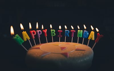 4k, Happy Birthday, cake with candles, burning candles, Happy Birthday greeting card, Happy Birthday background, Birthday cake, dark background