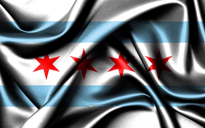 chicago-flagge, 4k, amerikanische städte, stoffflaggen, tag von chicago, flagge von chicago, gewellte seidenflaggen, usa, städte von amerika, städte von illinois, us-städte, chicago illinois, chicago