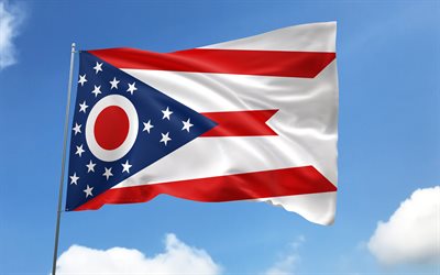 drapeau de l'ohio sur le mât, 4k, états américains, ciel bleu, drapeau de l'ohio, drapeaux satin ondulés, mât avec drapeau, états unis, jour de l'ohio, etats unis, ohio