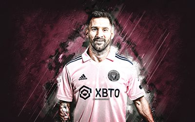 lionel messi, inter miami, retrato, jogador de futebol argentino, fundo rosa de pedra, mls, eua, futebol, leo messi