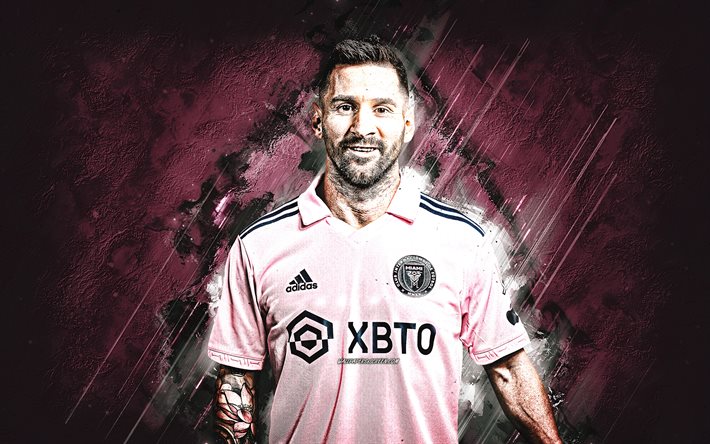 lionel messi, från miami, porträtt, argentinsk fotbollsspelare, rosa stenbakgrund, ml, usa, fotboll, leo messi