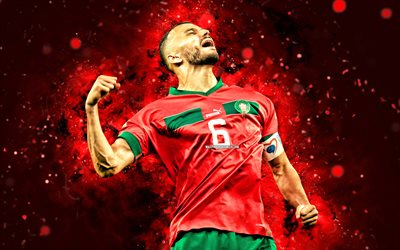 romain saiss, 4k, luzes de neon vermelhas, seleção de futebol nacional do marrocos, futebol, jogadores de futebol, antecedentes abstratos vermelhos, time de futebol marroquino, romain saiss 4k