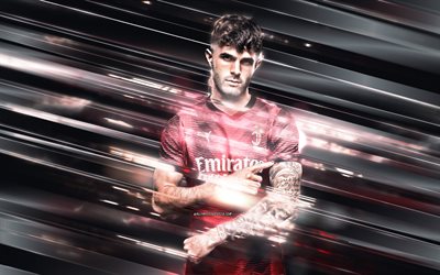 Christian Pulisic, AC Milan, Italy, USA, American footballer, creative art, blades lines art, Serie A, red background, football, Pulisic Milan