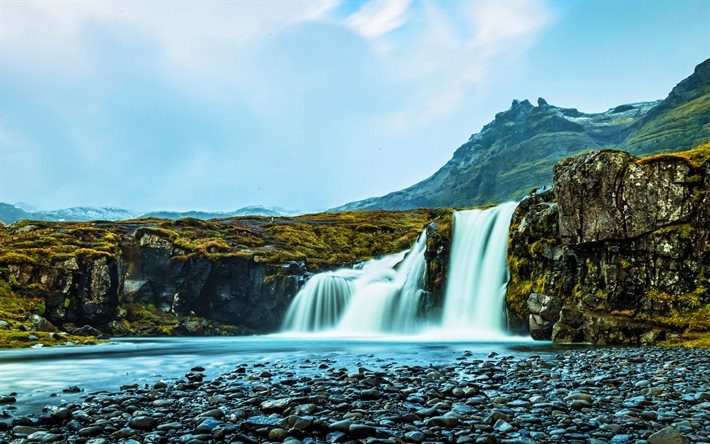 kirkjufellsfoss, 4k, verão, landmaks islandês, grunderfjordur, hdr, natureza bela, islândia, europa, cliffs, cachoeiras