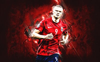erling haaland, norwegen national football team, norwegischer fußballspieler, porträt, roter steinhintergrund, norwegen, fußball