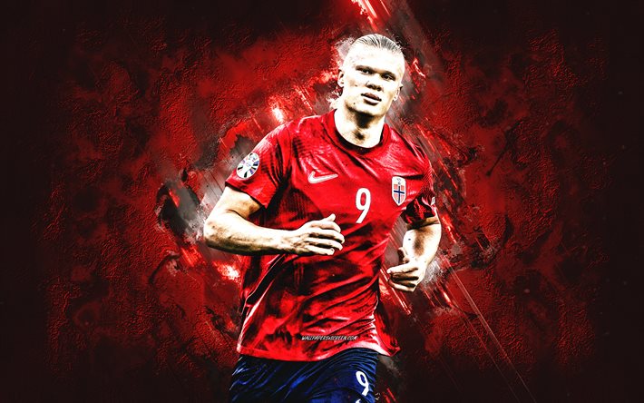 erling haaland, equipe de futebol nacional da noruega, jogador de futebol norueguês, retrato, fundo de pedra vermelha, noruega, futebol