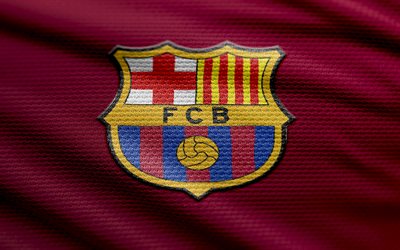 fc barcelona fabric logo, 4k, lila stoffhintergrund, laliga, bokeh, fußball, fc barcelona logo, fcb, fc barcelona emblem, fc barcelona, spanischer fußballverein, fcb  logo, barcelona fc