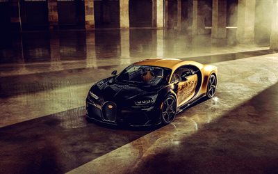 4k, bugatti chiron super sport golden era, 2023, frontvy, exteriör, unik hyperbil, guld svart bugatti chiron, chironinställning, exklusiva bilar, superbilar, bugatti