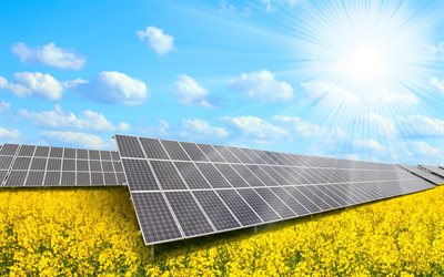 Solar panels, field, sun, Solar Power System