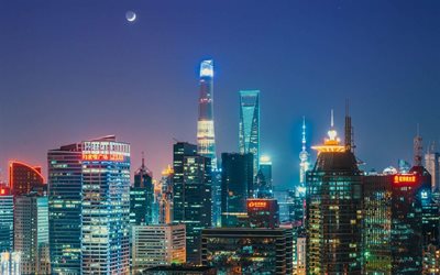 World Financial Center, noche, rascacielos, Shanghai, China