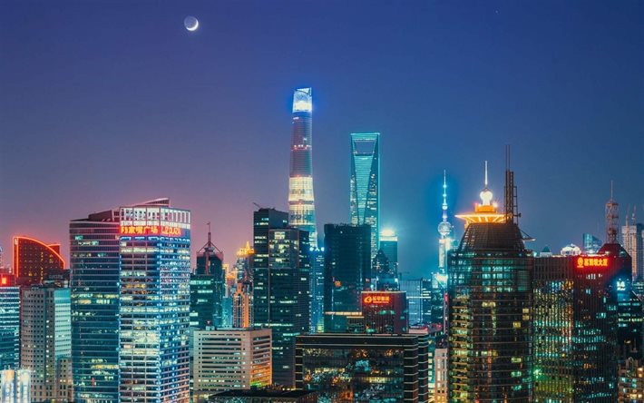 World Financial Center, notte, grattacieli, Shanghai, Cina