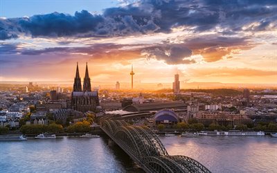 Colonia, tramonto, ponte, Cattedrale di Colonia, Fiume, Germania