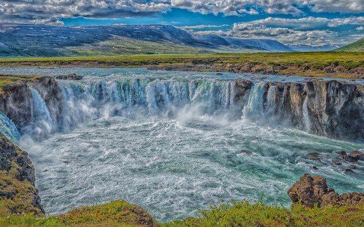 godafoss, cachoeira, montanhas, hdr, islândia