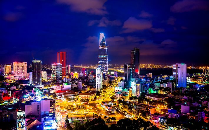 Saigon, notte, grattacieli, Vietnam, Ho Chi Minh City