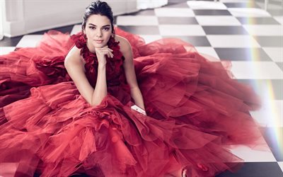 Kendall Jenner, Amerikan moda model, güzel, esmer, kırmızı lüks elbise