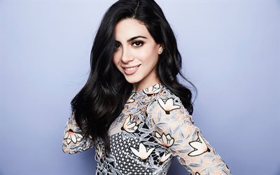 Emeraude Toubia, american actress, portrait, smile, makeup, beautiful woman, dress with flowers, hollywood