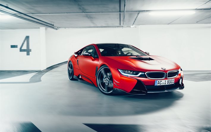 I8 BMW, 2017, AC Schnitzer, kırmızı elektrikli spor otomobil, sportif coupe, kırmızı I8, ACS8, 4k