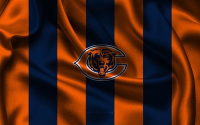 4k, logo des bears de chicago, tissu de soie bleu orange, équipe de football américain, emblème des bears de chicago, nfl, insigne des bears de chicago, etats unis, football américain, drapeau des ours de chicago