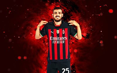Alessandro Florenzi, 4k, red neon lights, AC Milan, soccer, italian footballers, Alessandro Florenzi 4K, Milan FC, red abstract background, football, Alessandro Florenzi Milan, Rossoneri