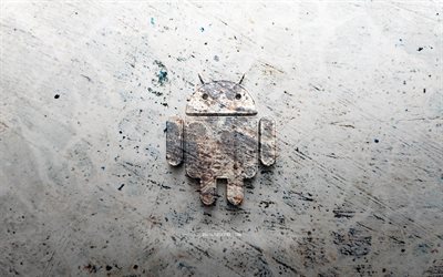 android taş logosu, 4k, taş arka plan, android 3d logosu, markalar, logo eskizleri, android logosu, grunge sanat, android
