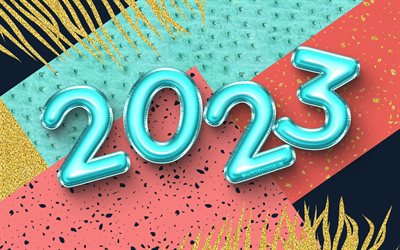 4k, 2023 Happy New Year, blue realistic balloons, 2023 concepts, golden palm trees, 2023 balloons digits, Happy New Year 2023, creative, 2023 blue digits, 2023 colorful background, 2023 year, 2023 3D digits