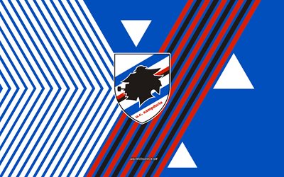 uc sampdoria logosu, 4k, italyan futbol takımı, mavi beyaz çizgiler arka plan, uc sampdoria, a grubu, italya, hat sanatı, uc sampdoria amblemi, futbol