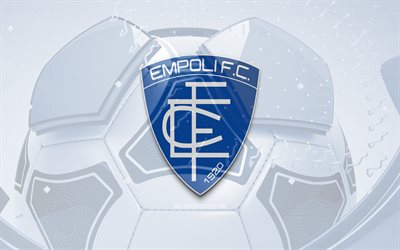 Empoli FC glossy logo, 4K, blue football background, Serie A, soccer, italian football club, Empoli FC 3D logo, Empoli FC emblem, Empoli FC, football, sports logo, FC Empoli