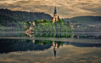 4k, Lake Bled, evening, sunset, church, Bled Island, Julian Alps, church on the island, travel to Slovenia, Bled, Slovenia