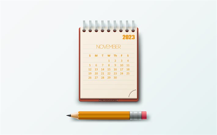 calendario novembre 2023, 4k, carta per appunti, 2023 concetti, sfondo di cancelleria, calendari 2023, novembre, arte creativa