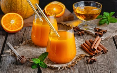 orange juice, glass of juice, oranges, citrus juice, cinnamon sticks, fruit juice