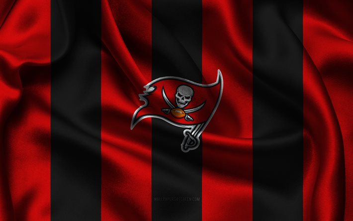 4k, Tampa Bay Buccaneers logo, red black silk fabric, American football team, Tampa Bay Buccaneers emblem, NFL, Tampa Bay Buccaneers badge, USA, American football, Tampa Bay Buccaneers flag