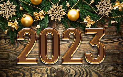 4k, 2023 feliz año nuevo, dígitos de vidrio, 2023 conceptos, bolas doradas de navidad, 2023 dígitos de oro, decoraciones de navidad, feliz año nuevo 2023, creativo, 2023 fondo de madera, 2023 año, feliz navidad