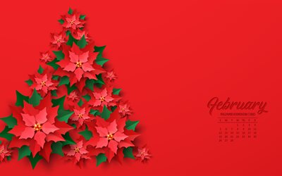 calendario febbraio 2023, 4k, sfondo rosso di natale, 2023 concetti, febbraio, albero di natale di fiori, calendari 2023