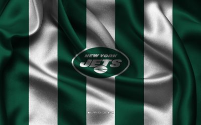 4k, logo des jets de new york, tissu de soie blanc vert, équipe de football américain, emblème du new york jet, nfl, insigne du jet de new york, etats unis, football américain, jet flag de new york