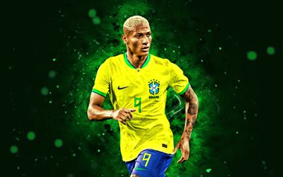 richarlison, 4k, 2022, brasilian maajoukkue, jalkapallo, jalkapalloilijat, vihreät neon valot, brasilian jalkapallojoukkue, richarlison 4k