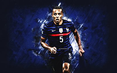 Jules Kounde, France national football team, portrait, French footballer, defender, blue stone background, grunge art, France, football