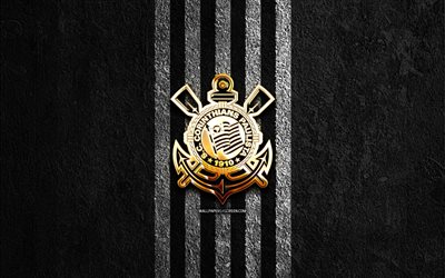 logotipo dorado de corintios, 4k, fondo de piedra negra, serie a de brasil, club de fútbol brasileño, logotipo de corintios, fútbol, emblema de corintios, corintios paulista, corintios fc