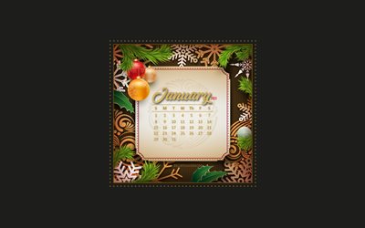 January 2023 Calendar, 4k, Christmas frame, Christmas balls, 2023 concepts, January, 2023 calendars, 2023 January Calendar, 2023 template
