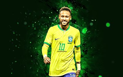 4k, Neymar JR, green neon lights, Brazil National Team, soccer, footballers, creative, Neymar, Brazilian football team, Neymar 4K